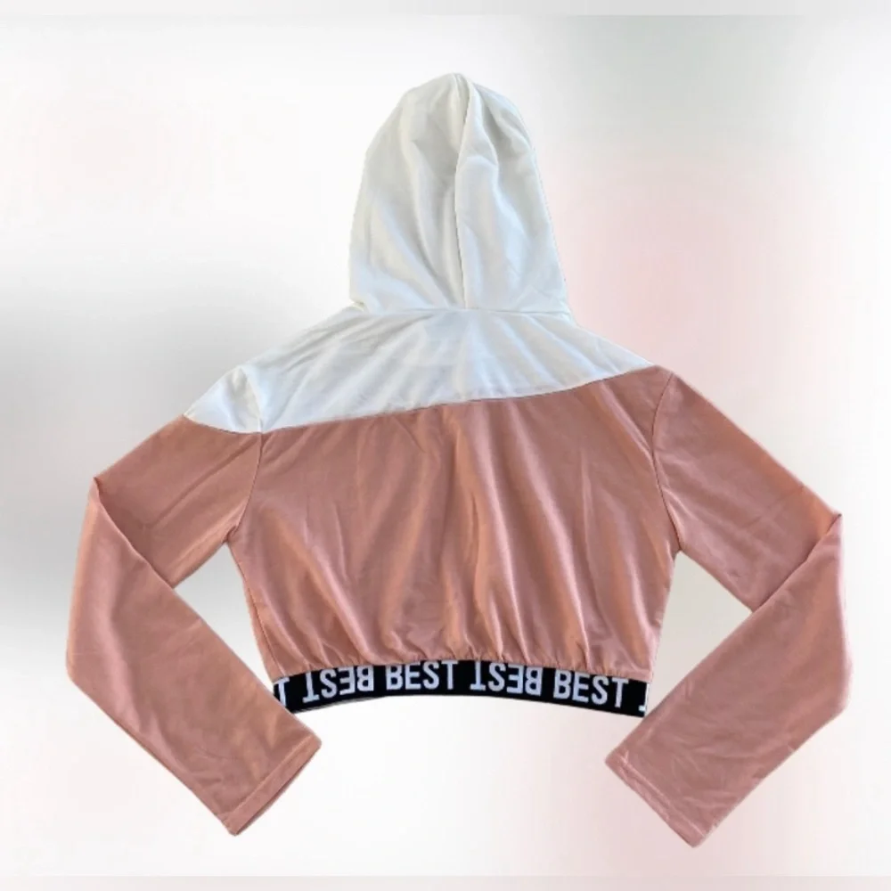 SweatyRocks: Cropped Pink and White Athletic Pullover Hoodie Sweatshirt